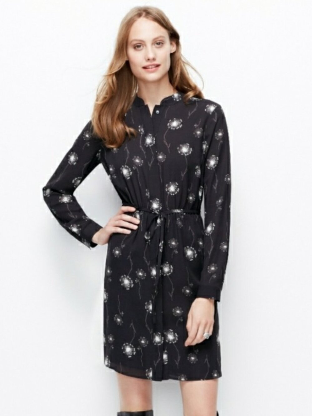 Ann Taylor Dandelion Print Black Dress, Size XS